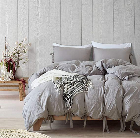 Grey Duvet Cover King Size 3 Pieces Set - Egyptian Cotton Quality Washed Microfiber Comforter Cover & Pillowcases with Tabs Closure & Corner Ties - Hypoallergenic Durable Breathable Quilt Case Silver