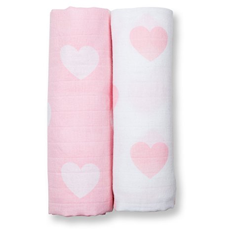 lulujo Baby Modern Me Collection 2-Piece Cotton Muslin Swaddling Blanket, Pink Hearts
