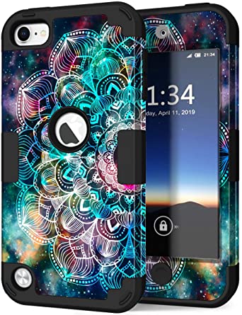 Hocase iPod Touch 7/6/5 Case, Shockproof Heavy Duty Hard Plastic Bumper Soft Silicone Rubber Hybrid Dual Layer Protective Case for iPod Touch 7th/6th/5th Generation - Mandala in Galaxy