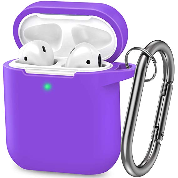 AirPods Case, Silicone Cover with U Shape Carabiner,360°Protective,Dust-Proof,Super Skin Silicone Compatible with Apple AirPods 1st/2nd (Purple)