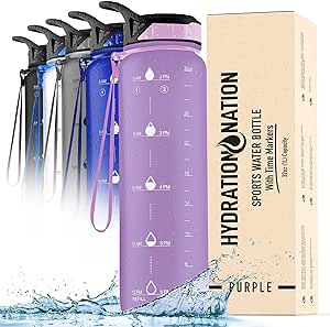 Hydration Nation (32oz Water Bottle With Time Marker - Leak Proof Water Bottles With Times To Drink For Fitness & Sports - 32oz Water Bottle With Straw For Drinking - Water Tracker Bottles (Purple)