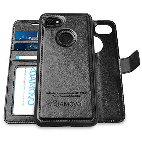 Pixel 3a Wallet Case [2 in 1] AMOVO Detachable Folio Case for Google Pixel 3a [Vegan Leather] [Card Slot] [Magnetic Clasp] Flip Case for Google Pixel 3a with Gift Box Package (3A, Black)