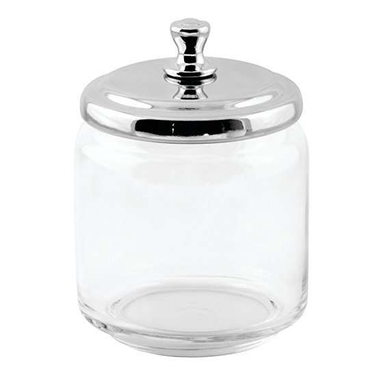 InterDesign York Bathroom Vanity Glass Apothecary Jar for Cotton Balls, Swabs, Cosmetic Pads - Small, Clear/Polished Lid