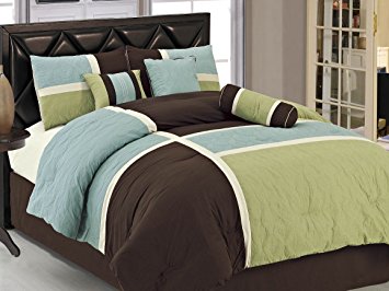 Chezmoi Collection 7-Piece Coffee Quilted Patchwork Comforter Set, King, Aqua Blue/Sage Green