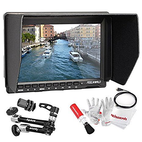 Feelworld FW759 7 inch Ultra HD 1280x800 IPS Screen Camera Field Monitor with Aputure A10 10 Inch Multifunctional Magic Arm and Pegear cleaning Kit