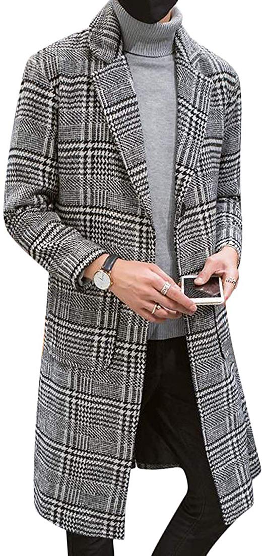 Uaneo Men's Casual Notch Lapel Single Breasted Plaid Mid Long Trench Pea Coat