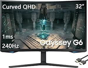 SAMSUNG 32" Odyssey G65B Series 1000R Curved QHD Gaming Monitor, 240Hz, 1ms, Smart TV Apps and Gaming Hub, Eye Height, Swivel & Tilt Adjustable Stand, Black, with MTC HDMI Cable