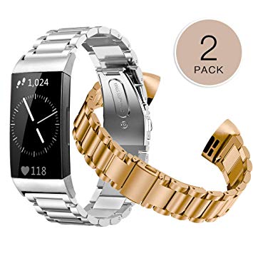 Shangpule Compatible for Fitbit Charge 3 & Charge3 SE Bands(2 Pack), Stainless Steel Metal Replacement Accessories Women Man Large Small