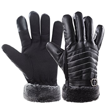 Winter Warm Gloves Men’s Leather Driving Outdoor Sports Fleece Lined Touch Screen Texting Gloves by REDESS