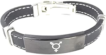 Transgender Black Rubber Bracelet with White Stitch Trim and Stainless Steel Id Design