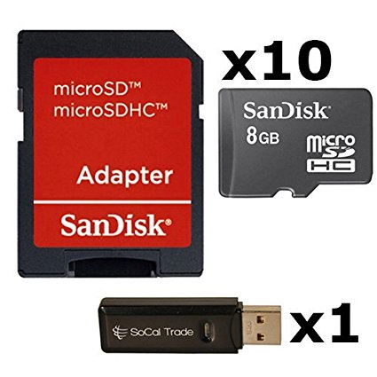 10 PACK - SanDisk 8GB MicroSD HC Memory Card SDSDQAB-008G (Bulk Packaging) LOT OF 10 with SD Adapter and SoCal Trade USB 2.0 MicoSD & SD Memory Card Reader