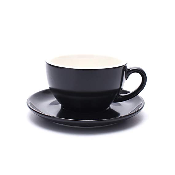 Coffeezone Ceramic Cup and Saucer Cappuccino Barista Latte Art and Americano, New Bone China, 3 Capacity to Choose (Matte Black, 8.5 oz)