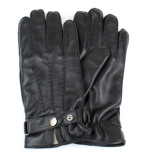 Mens Black Genuine Leather Winter Driving Gloves Wool Lining Adjustable Wrist Strap - Full Touchscreen Texting Ability