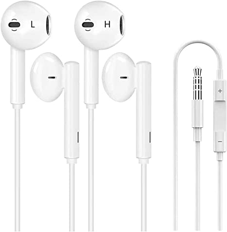 2 Pack 3.5mm Wired Earbuds Headphone Earphone Half in-Ear with Mic Built-in Volume Control Compatible with Apple iPhone 6/6S/5 iPod iPad Android Plug Audio Devices