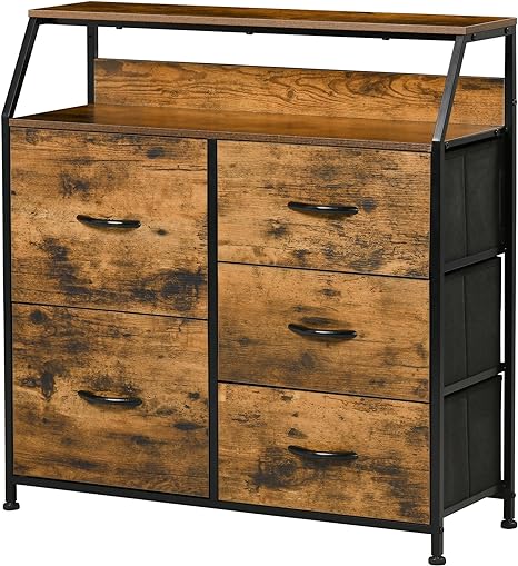 HOMCOM Commode Meuble de Rangement Style Industriel 5 tiroirs Pliables en Tissu - 83,5 x 29 x 87 cm