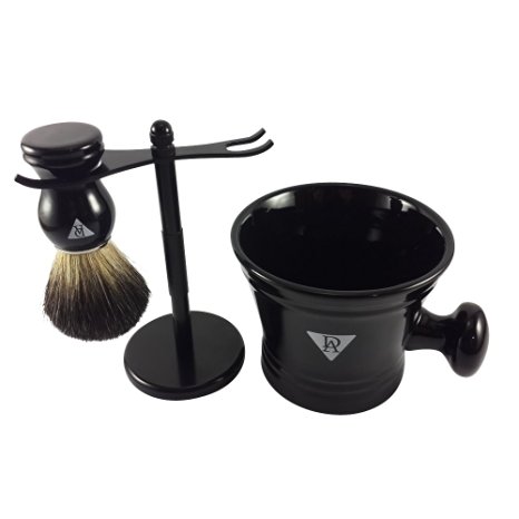 Dapper Addiction - 3 Piece Shave Set - 100% Pure Badger Hair Shaving Brush, Shaving Soap Bowl and Metal Razor Stand in Black