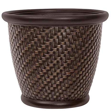 Suncast 18" x 16.5" Resin Planter - Lightweight Contemporary Flower Pot for Plants - Indoor and Outdoor Use, Home, Patio, Garden, - Herringbone Wicker, Dark Brown