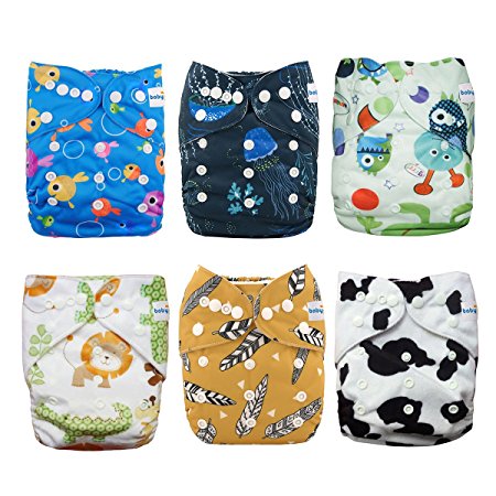 Babygoal Baby Adjustable Reusable Pocket Cloth Diapers, Boy color, 6pcs Diapers 6 Microfiber Inserts Free Gifts 4pcs Bamboo Inserts 6FB01