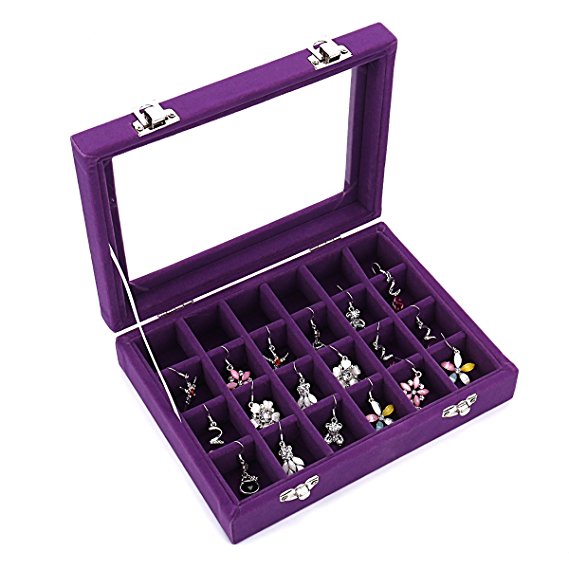 Ivosmart 24 Section Velvet Glass Jewelry Ring Display Organiser Box Tray Holder Earrings Storage Case (Purple)
