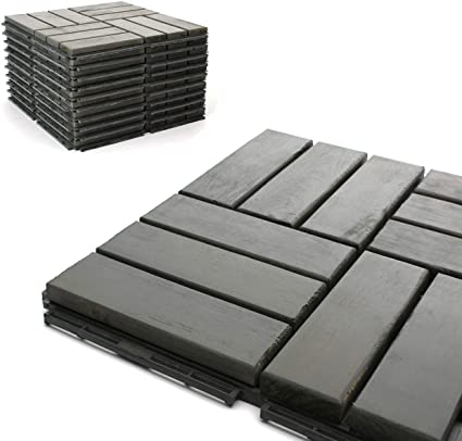 Deck Tiles - Patio Pavers - Acacia Wood Outdoor Flooring - Interlocking Patio Tiles - 12"x12" (6 Pack) - Modern Grey Finish - Checker Pattern Decking