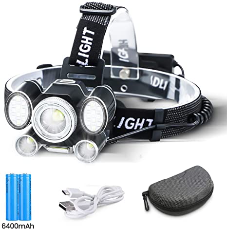 Rechargeable Headlamp,OUTERDO 6 LED Headlamp Flashlight with Adjustable Foucs,26000 Lumens 9 Modes with USB Cable 2 Batteries,Waterproof Torch Head Light with COB Reading Light for Outdoor