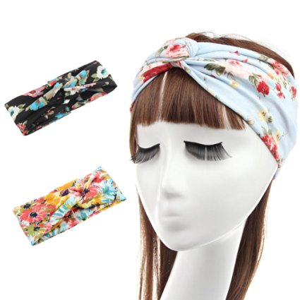 FAYBOX Women Fashion Flower Stretchy Fitness Headbands Twist Knotted Turban Headwrap Pack of 2