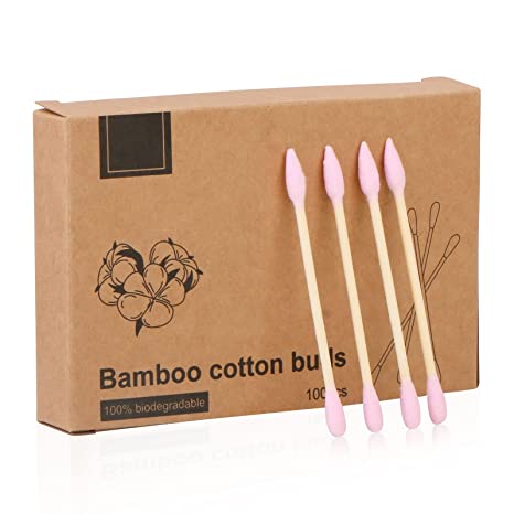Natural Bamboo Cotton Swabs, Eco-Friendly & Biodegradable – Comfortable and Soft,Plastic Free Double Ear Sticks for Ears Cleaning and Makeup,Dirt Removal,crafts,painting (Pink-1 Pack of 100)