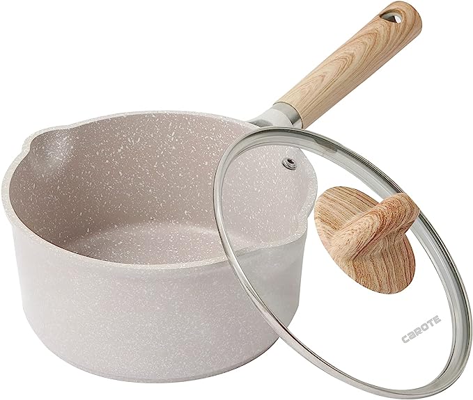 CAROTE Saucepan with Lid, Nonstick Sauce Pot for Induction, Gas and Electric Hobs, Small Cooking Pot with Pour Spout (White Granite, 20 CM/2.4L)