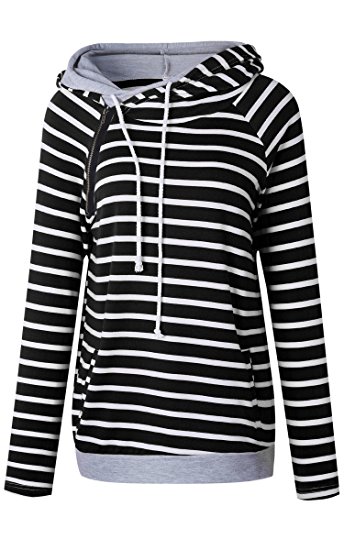 Angashion Womens Hoodie-Tops-Striped Cowl Neck Drawstring Hooded Pullover Sweatshirt With Pockets S-3XL