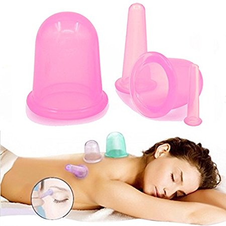 Chengor 1 Set/4 Pcs Health Care Body Anti Cellulite Silicone Vacuum Massage Eye Neck Face Back Massager Cupping Cup (Pink)