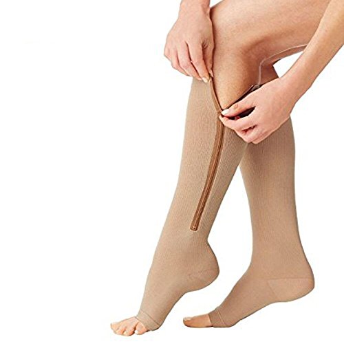 Open Toe Zipper Compression Socks - 2 Pairs Unisex Knee Stocking Hosiery (2 Nude, 2XL)