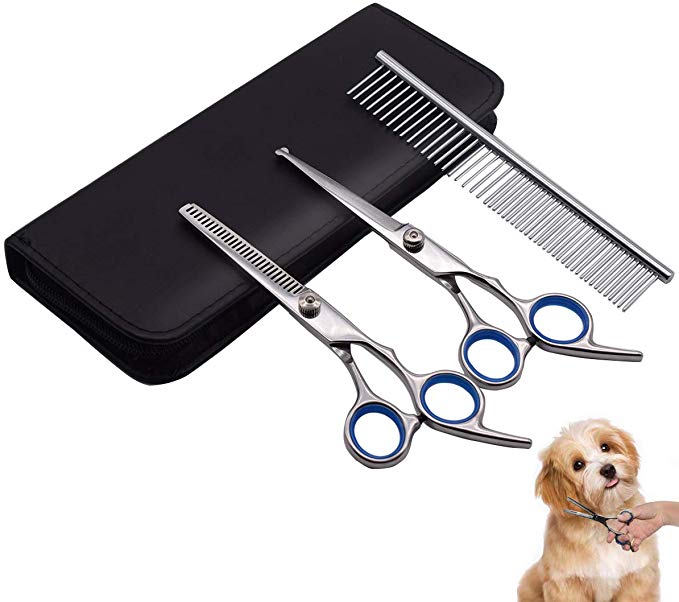 PetQoo Dog Grooming Scissors Set, Professional Pet Grooming Scissors kit with Straight and Thinning Cutting Shears Scissors Suitable for Large and Small Dogs or Cat or Other Pets