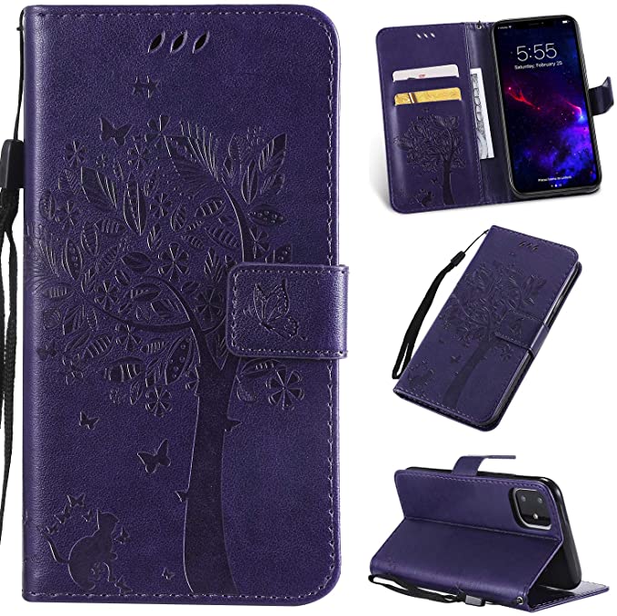 iPhone 11 Case with Screen Protector,iPhone 11 Wallet Case,Flip Case PU Leather Emboss Tree Cat Flowers Folio Magnetic Kickstand Cover Card Slots for iPhone 11 Purple