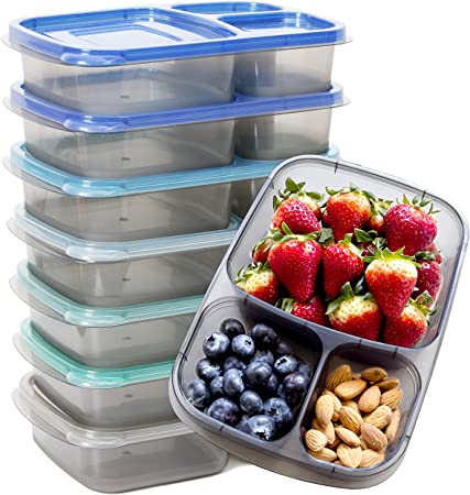 Youngever 7 Sets Bento Lunch Box, Meal Prep Containers, Reusable 3 Compartment Plastic Divided Food Storage Container Boxes