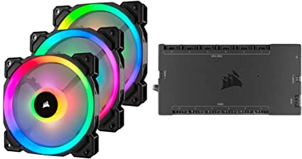 Corsair LL Series LL120 RGB 120mm Dual Light Loop RGB LED PWM Fan 3 Fan Pack with Lighting Node Pro (CO-9050072-WW) & iCUE Commander CORE XT, Digital Fan Speed and RGB Lighting Controller