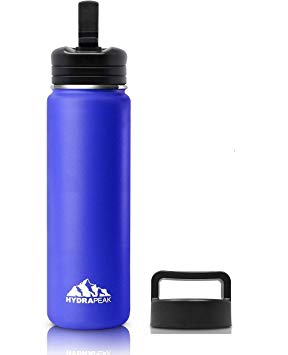 Hydrapeak Stainless Steel Vacuum Insulated Water Bottle with Bite Straw – BPA-Free, Leak-Proof Wide Mouth Thermos, Double Walled Flask   Extra Handle Lid (22oz Straw Lid, Blueberry)