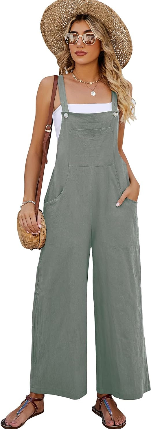 Women's Cotton Bib Overalls Wide Leg Loose Fit Jumpsuit Baggy Fashion Sleeveless Rompers