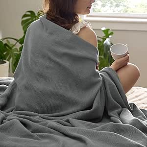 Bedsure 100% Cotton Throw Blanket for Couch 50x70 inches - Soft Cozy Herringbone Woven Blanket for Summer, Breathable and Lightweight Large Throw Blanket, Dark Grey