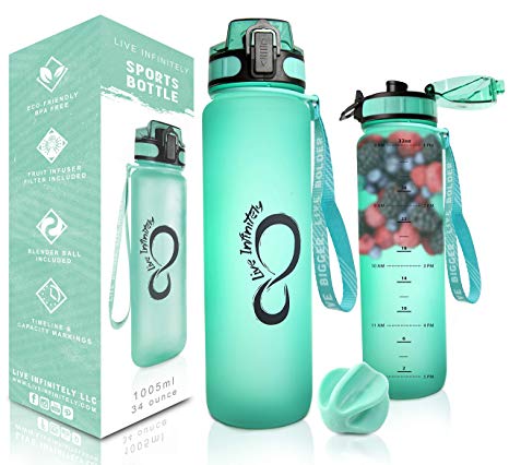 Live Infinitely 34 oz BPA Free Water Bottle with Time Marker, Fruit Infuser Screen & Shaker Blending Ball - Locking Flip Top Lid & Durable Rubberized Bottle Coating