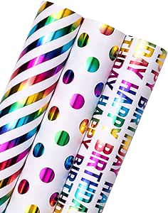 WRAPAHOLIC Birthday Wrapping Paper Roll - Mini Roll - 3 Rolls - 17 inch X 120 inch Per roll - Colorful Foil Birthday Design for Party, Holiday, Baby Shower