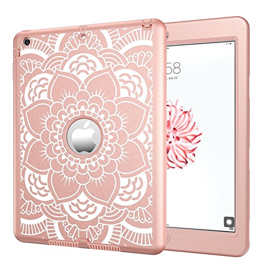 iPad Air Case, iPad A1474/A1475/A1476 Case, Hocase Shock Absorbent Hybrid Dual Layer Hard Silicone Rubber Protective Case with Cute Floral Print for iPad Air 1st Generation (2013) - Rose Gold