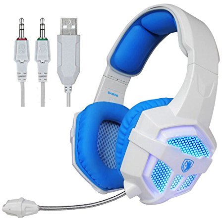 SADES SA806 Stereo Gaming Headset USB 3.5mm Blue Led Lighting Headphone with Microphone for [New Xbox One] Laptop PC PS4 Mac(White-Blue)