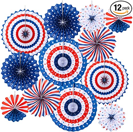 Homarden Patriotic 4th of July Decorations - American Citizenship Party Decor - USA Themed Party Supplies, Colorful Hanging Paper Fans for Birthday, Independence, Veterans, or Memorial Day (Set of 12)