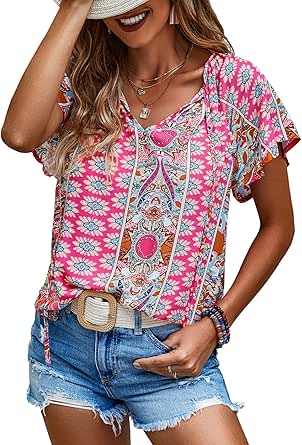 Angashion Women's Summer Tops Casual Floral Print V Neck Ruffle Short Sleeve Loose Tunic T Shirt Blouse