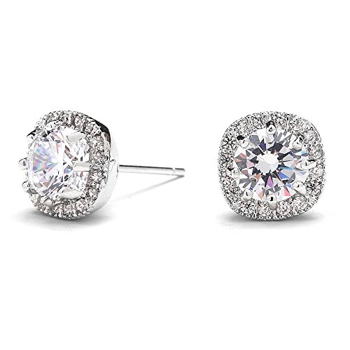 Mariell Cubic Zirconia Stud Earrings with 10mm Cushion Shaped Halos - Round-Cut CZ Solitaire Pave Studs