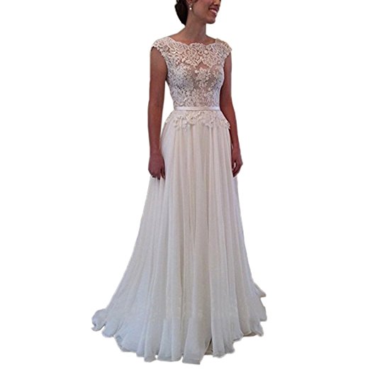 ABaowedding Lace Appliques Backless Wedding Dress A-Line Court Train Bridesmaid Dress