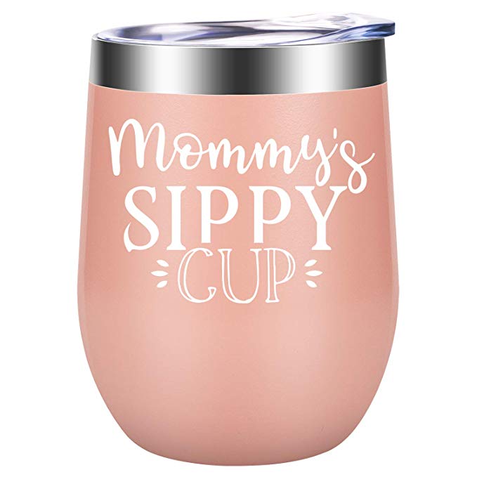 Mommy's Sippy Cup - Funny Mother’s Day, Birthday, New Baby Gifts for Best Mom, New Mom, Wife, Her, Women from Son, Daughter, Husband - LEADO 12 oz Stainless Steel Insulated Stemless Wine Tumbler
