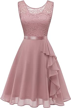 BeryLove Women's Cocktail Dresses Prom Wedding Guest Short Bridesmaid Dresses Ruffle Hem Sleeveless Lace Formal Dress