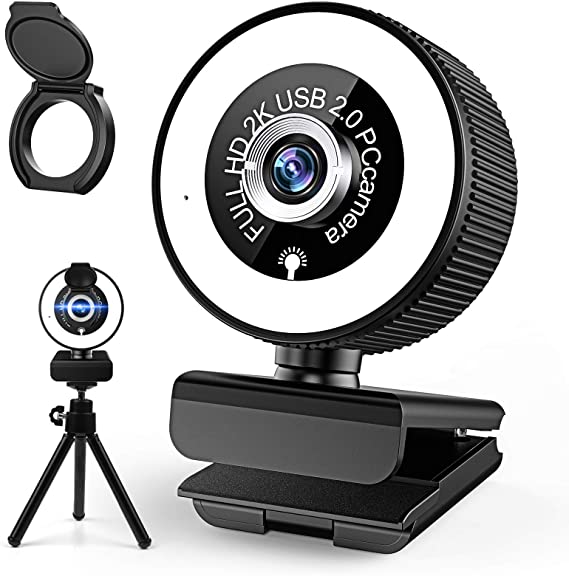 2K HD Webcam with Built in Adjustable Ring Light with Noise Reduction Microphone,Plug & Play USB Webcam for PC, MAC, Laptop, Youtube, Video Call, Live broadcast, Study, Meeting, (Black）