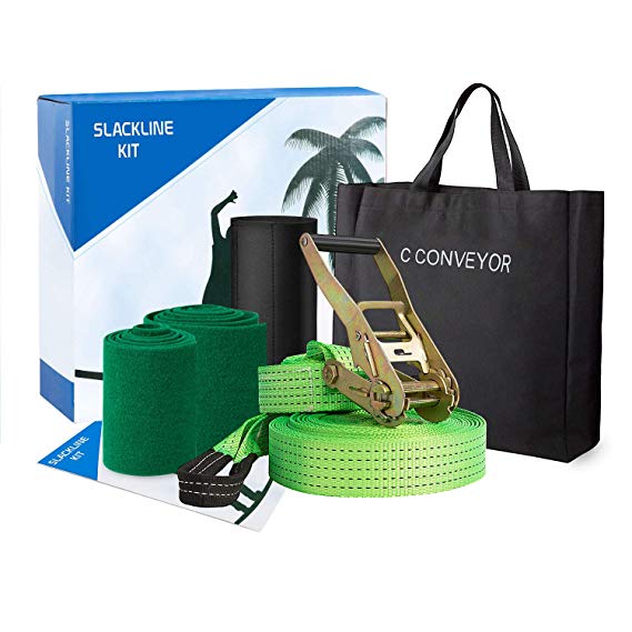C conveyor Slackline Kit Baseline Complete Kit with Tree Protectors Rechat Protector– 58 Feet Easy Setup